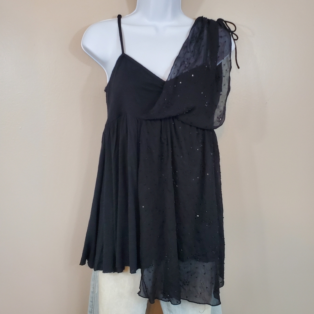 Free People Fairuza Asymmetrical Beaded Top With Sequin Chiffon One Shou…